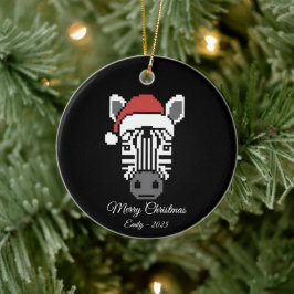Pixel Art Zebra Santa Hat Black Background Gift Keramik Ornament