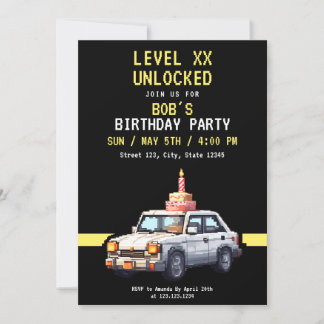 Pixel Black & Yellow Race Gaming Geburtstag Einladung
