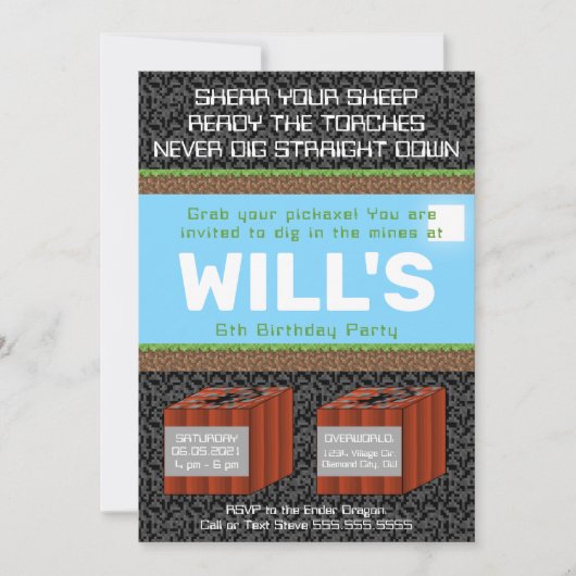 Pixel Block Gaming Birthday Invitation Einladung (Vorderseite)