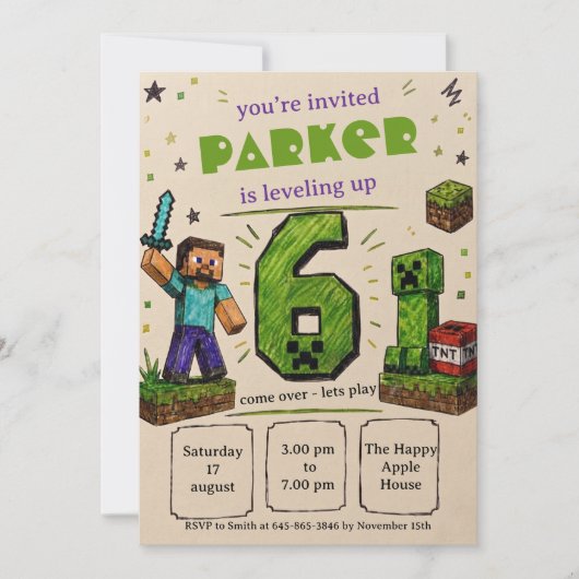 Pixel Block Geburtstag Einladung (Vorderseite)