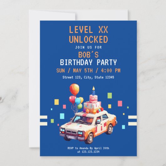 Pixel Blue & Orange Car Gaming Geburtstag Einladung (Vorderseite)