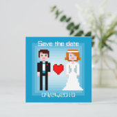 Pixel Bridge and Groom - Save the Date - Blau (Stehend Vorderseite)