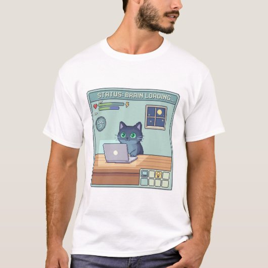 Pixel Cat Brain Loading – Funny Retro Gamer Cat T-Shirt (Vorderseite)
