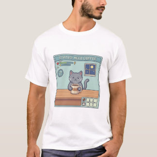 Pixel Cat Need Coffee – Retro RPG Game Status T-Shirt