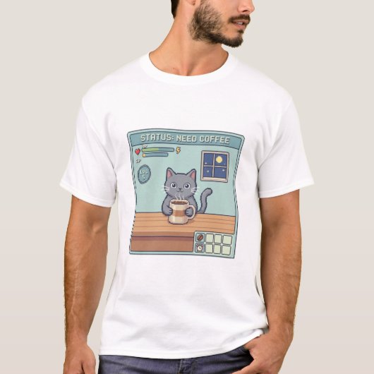 Pixel Cat Need Coffee – Retro RPG Game Status T-Shirt (Vorderseite)