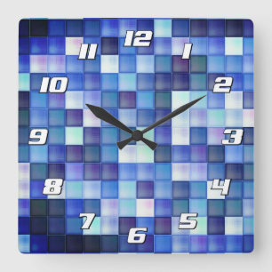 Pixel für Videospiele Blau Quadrat Muster mit Zahl Quadratische Wanduhr