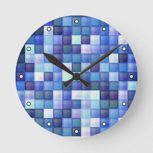 Pixel für Videospiele blaues Quadrat-Muster mit Pu Runde Wanduhr