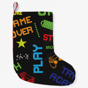 Pixel Game Style: Abstrakt nahtlos. Kleiner Weihnachtsstrumpf