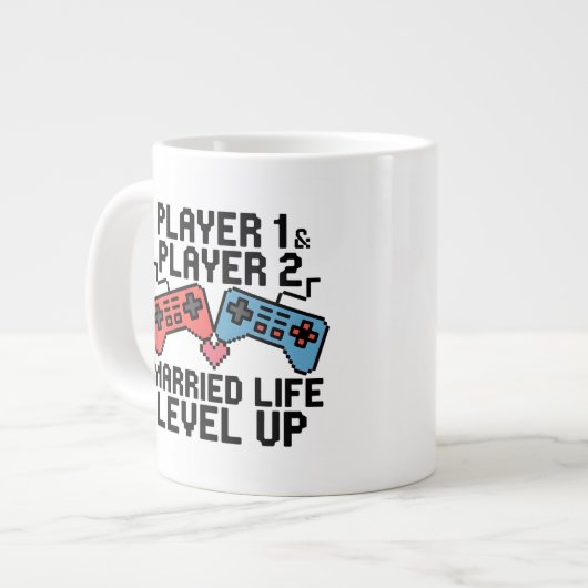 Pixel Gaming Couple Level Up Design Jumbo-Tasse (Vorderseite Links)