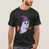 Pixel-Geist auf Besen – Halloween Retro Design T-Shirt (Vorderseite)