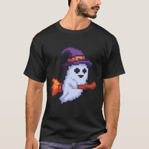 Pixel-Geist auf Besen – Halloween Retro Design T-Shirt