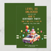 Pixel Green & Orange Car Gaming Geburtstag Einladung (Vorne/Hinten)