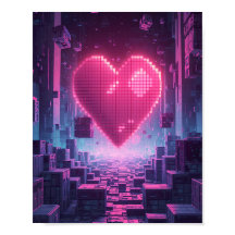 Pixel Heart Neon City — Poster für futuristisches 