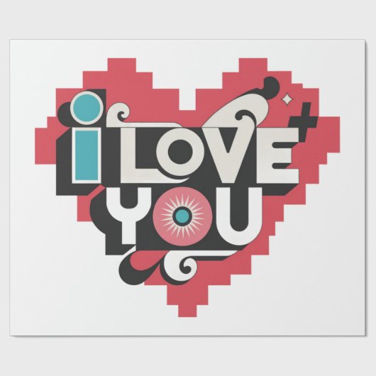 Pixel Herz Ich Liebe Dich Retro-Typografie Geschenkpapier (Flach)