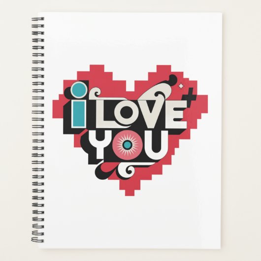 Pixel-Herz Ich liebe dich Retro-Typografie Planer (Vorderseite)
