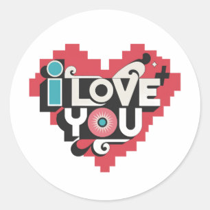 Pixel-Herz Ich liebe dich Retro-Typografie Runder Aufkleber