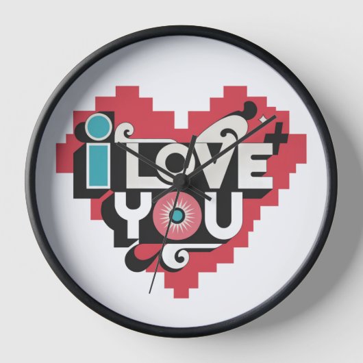Pixel-Herz Ich liebe dich Retro-Typografie Uhr (Vorderseite)