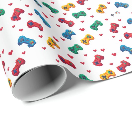 Pixel-Herzen und -Controller-Geschenkpapier - Game Geschenkpapier (Rolleneckpunkt)