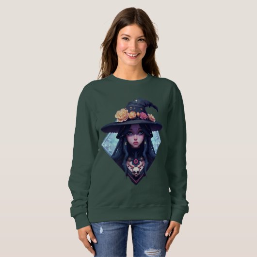 Pixel Hexe mit floraler Hut Sweatshirt (Vorne ganz)