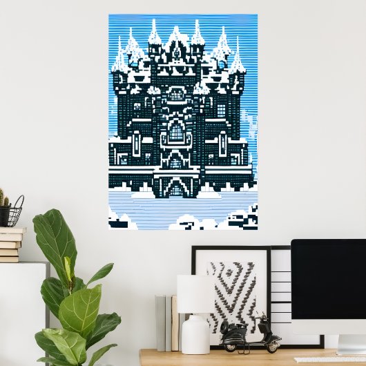 Pixel-Kunst, Schloss und Schnee | AI Art Poster (Heimbüro)