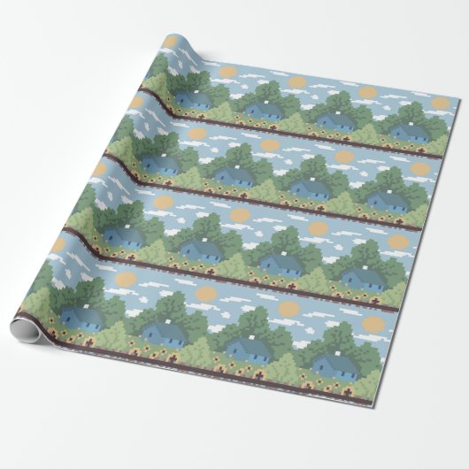Pixel-Landhaus-Landschaftsmuster Geschenkpapier (Ungerollt)