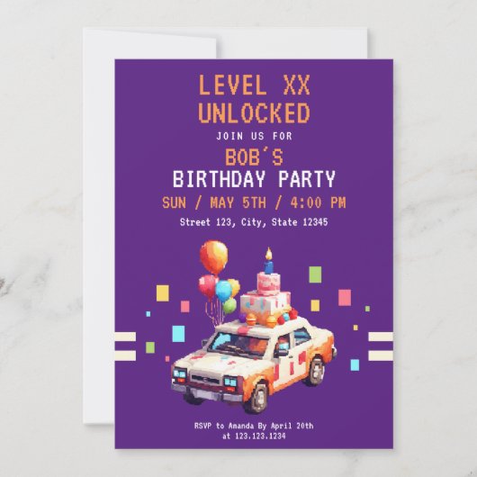 Pixel Lila & Orange Car Gaming Geburtstag Einladung (Vorderseite)