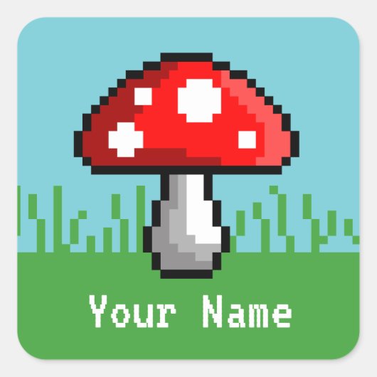 Pixel-Mushroom-Wiesenname-Sticker Quadratischer Aufkleber (Vorderseite)
