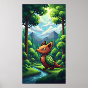 Pixel-Naturwald Berge und Wolken Poster