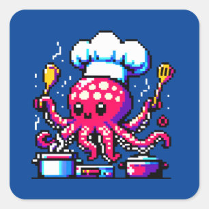 Pixel Octopus Koch Funny Cooking & Seafood Design Quadratischer Aufkleber
