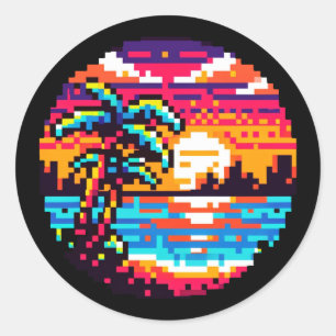 Pixel Paradies: 8-Bit-Tropical Sunset Retro-Natur Runder Aufkleber