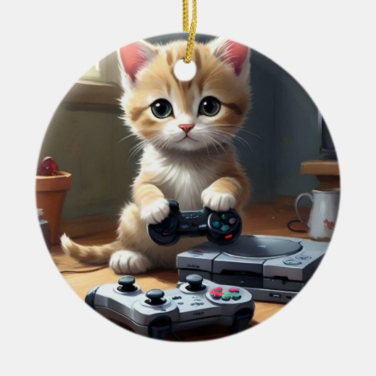 "Pixel Paws: The Gamer Kitten in Action" Keramik Ornament (Vorne)