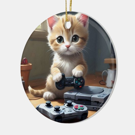 "Pixel Paws: The Gamer Kitten in Action" Keramik Ornament (Links)