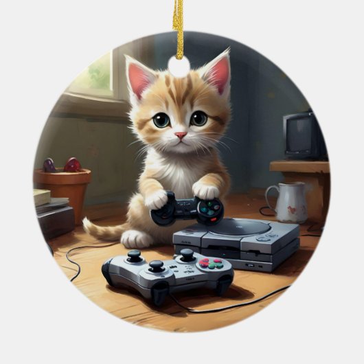 "Pixel Paws: The Gamer Kitten in Action" Keramik Ornament (Hinten)