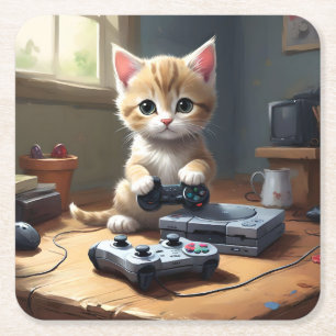 "Pixel Paws: The Gamer Kitten in Action" Rechteckiger Pappuntersetzer