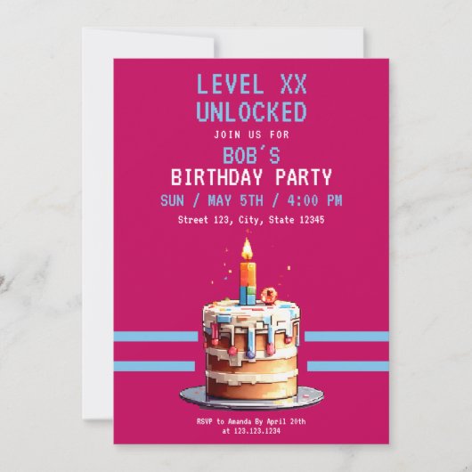 Pixel Pink & Blue Cake Gaming Geburtstag Einladung (Vorderseite)