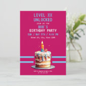 Pixel Pink & Blue Cake Gaming Geburtstag Einladung (Stehend Vorderseite)