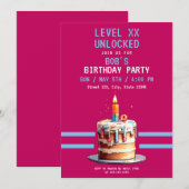 Pixel Pink & Blue Cake Gaming Geburtstag Einladung (Vorne/Hinten)