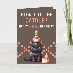 Pixel Pink & Brown Cat Cake Gamer Geburtstag Karte