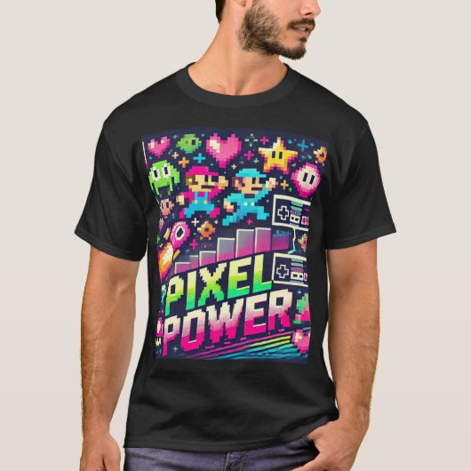 Pixel Power Retro Gaming T - Shirt - 8-Bit-Zeichen (Vorderseite)