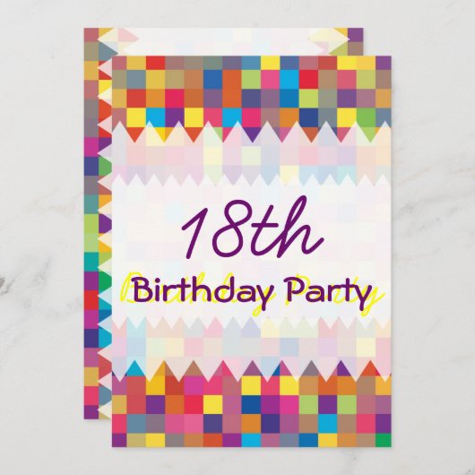 Pixel Rainbow Square Muster Geburtstag Einladung (Vorne/Hinten)