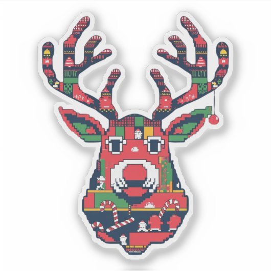 Pixel Reindeer Retro Ugly Sweater Sticker (Vorderseite)