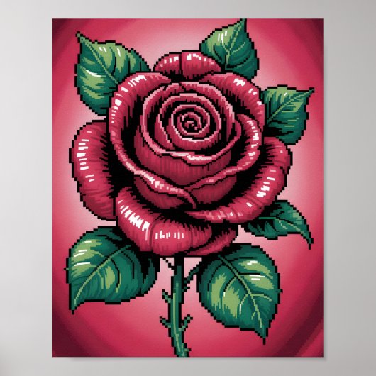 Pixel-Rose – Retro-Blumenkunst Poster (Vorne)