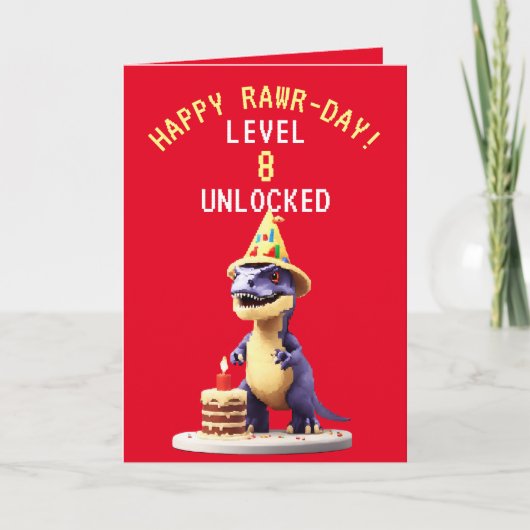 Pixel Rot und Gelb Gaming Trex Geburtstag Karte (Vorderseite)
