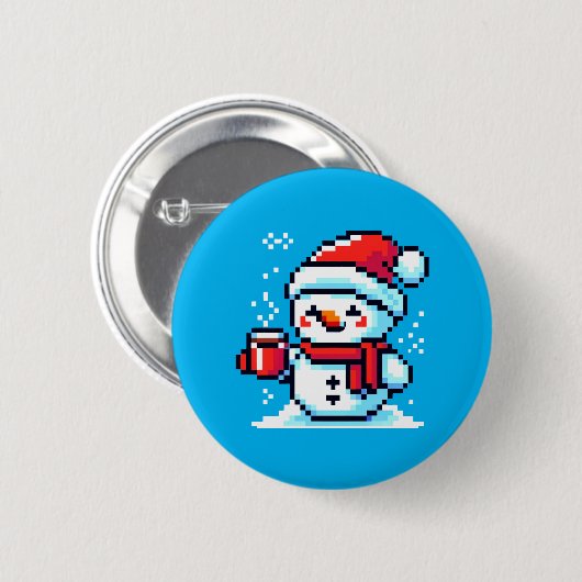 Pixel Snowman with Coffee - Art des Winterurlaubs Button (Vorne & Hinten)