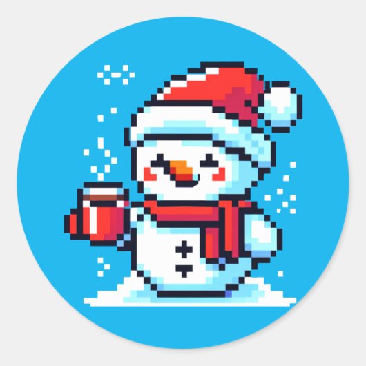 Pixel Snowman with Coffee - Art des Winterurlaubs Runder Aufkleber (Vorderseite)