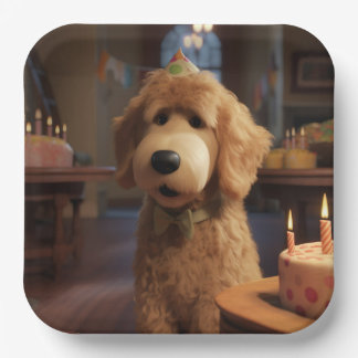 Pixel-Style Goldendoodle Geburtstagspapier-Teller Pappteller