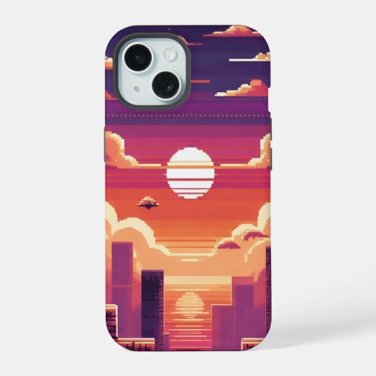 Pixel Sunset City iPhone 15 Hülle (Rückseite)