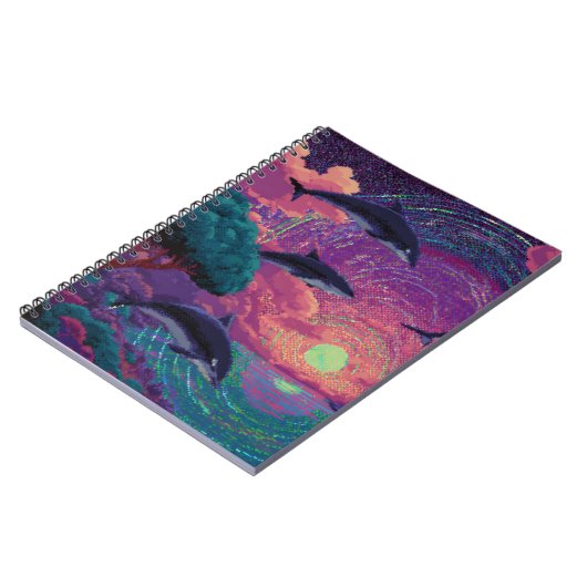 Pixel Sunset Dolphins Cosmic-Vortex-Notebook Notizblock (Linke Seite)