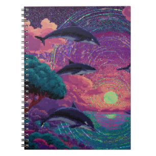 Pixel Sunset Dolphins Cosmic-Vortex-Notebook Notizblock