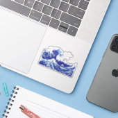 Pixel Tsunami Blue 8 Bit Pixel Art Aufkleber (Laptop mit iPhone)